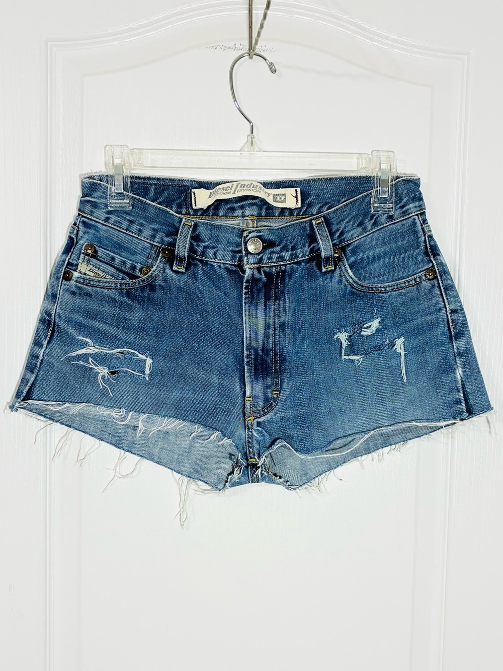 Y2K Diesel Industry ITALY MADE High Waist Distressed Denim Cutoff Shorts Size 28